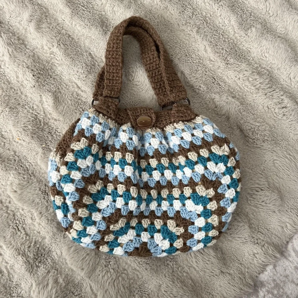 Crochet Shoulder Bag Womens Medium Multicolor Boho Lined Button Purse Handbag